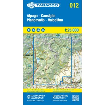Carte de randonnée Tabacco 012 Alpago Cansiglio Piancavallo Valcellina 1:25 000