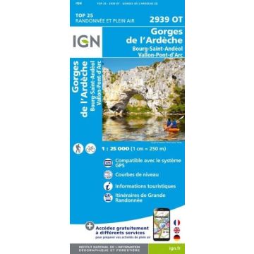 Carte topographique IGN 2939 OT Gorges de l'Ardèche 1:25 000