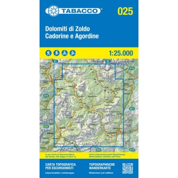 Carte de randonnée Tabacco 025 Dolomiti di Zoldo Cadorine e Agordine 1:25 000