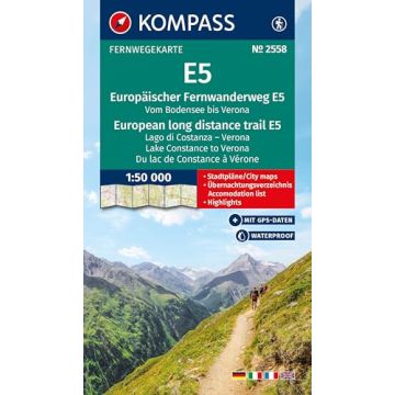 Wanderkarte Kompass 2558 E5 Bodensee - Verona 