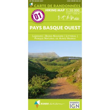 Carte de randonnée Pyrénées 1 Pays Basque Ouest 1:50 000 / Rando Edition