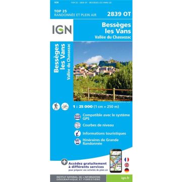 Carte topographique IGN 2839 OT Bessèges Les Vans 1:25 000