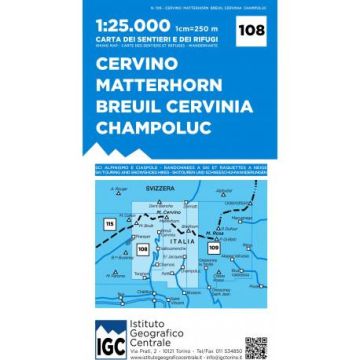 Carte de randonnée IGC 108 Cervino Breuil 1:25 000