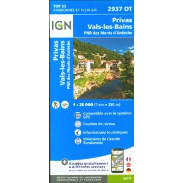 Topographische Karte IGN 2937 OT Privas Vals-les-Bains 1:25 000
