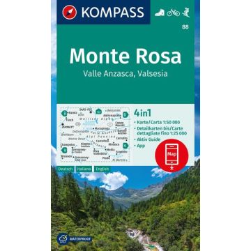 Wanderkarte Kompass 88 Monte Rosa Valle Anzasca 1: 50 000