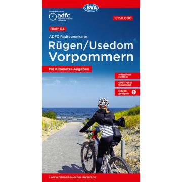 Velokarte ADFC 4 Rügen Usedom Vorpommern 1:150 000 / BVA