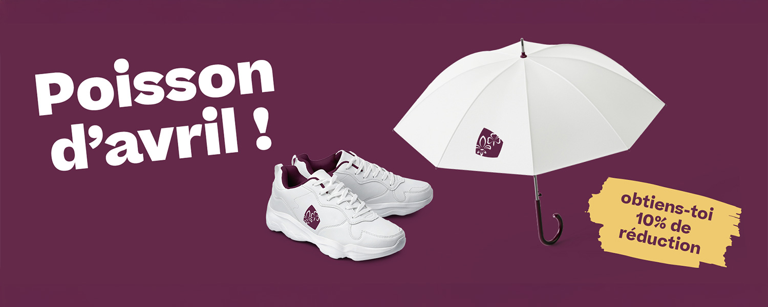 Poison d'avril Une paire de baskets blanches et un parapluie blanc ouvert, tous deux avec le logo MdSS sur un fond violet, avec l’inscription en grandes lettres: Poisson d'avril!