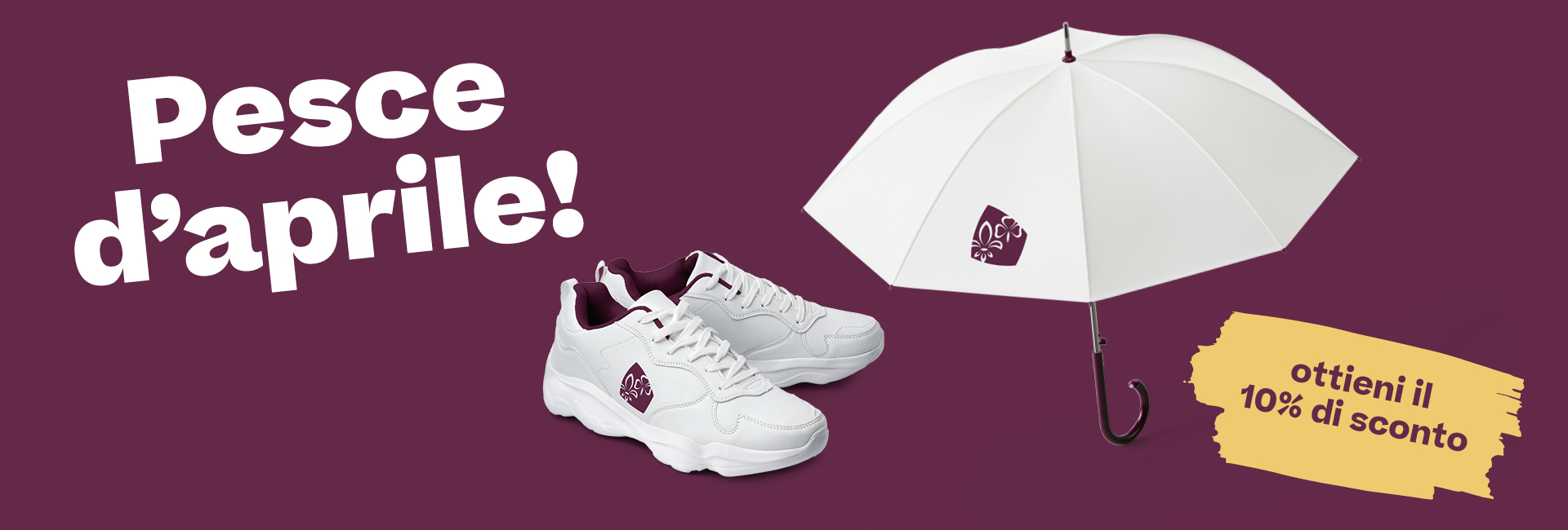 Une paire de baskets blanches et un parapluie blanc ouvert, tous deux avec le logo MdSS sur un fond violet, avec l’inscription en grandes lettres: Poisson d'avril!