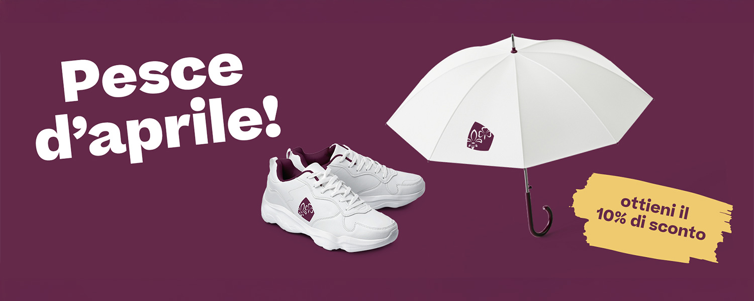 Une paire de baskets blanches et un parapluie blanc ouvert, tous deux avec le logo MdSS sur un fond violet, avec l’inscription en grandes lettres: Poisson d'avril!
