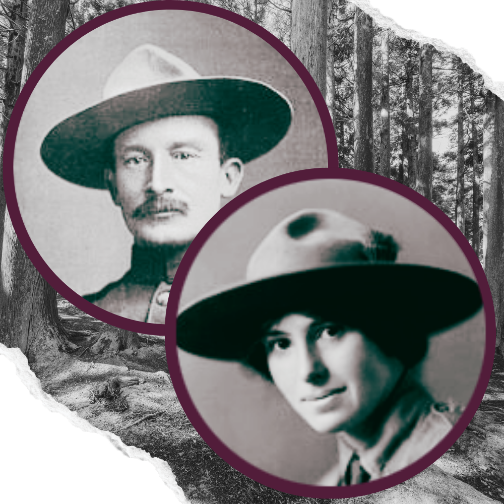 Deux portraits circulaires avec une bordure violette montrant les photos en noir et blanc de Robert Baden-Powell et de son épouse Olave, sur un fond de forêt.