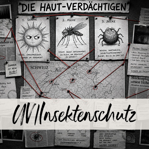 Fahndungsbild im Comicstil mit witzigen Mugshots von Sonne, Mücke und Zecke.