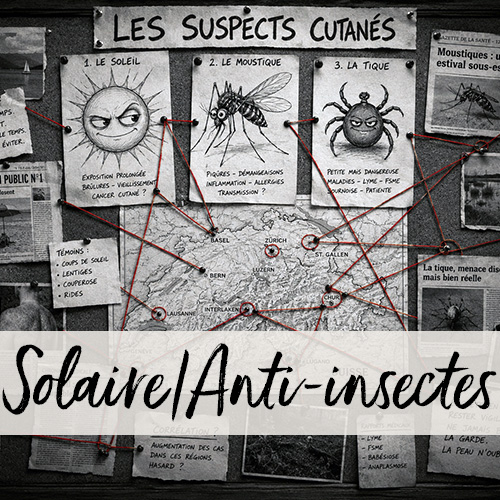 Avis de recherche en BD avec les mugshots humoristiques du soleil, du moustique et de la tique.