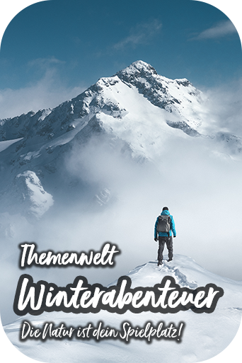 Eine Person in Winterkleidung steht in einer imposanten Berglandschaft voller Schnee und Nebelschwaden und bestaunt ein Bergmassiv.