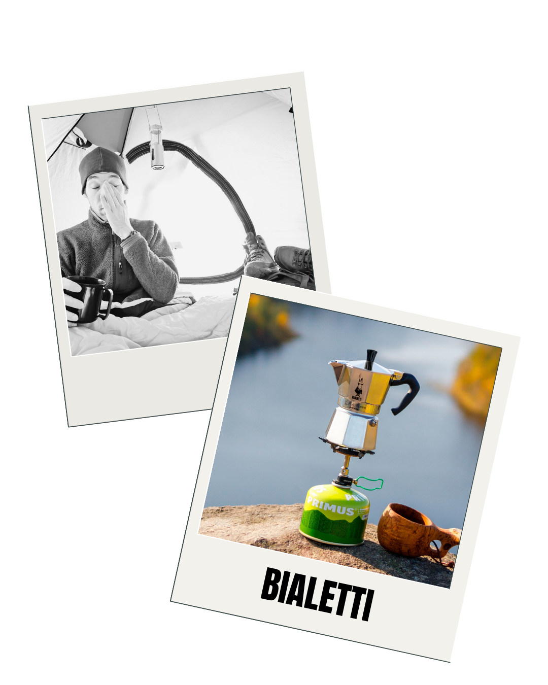 Deux photos Polaroid juxtaposées et superposées. Sur celle de derrière, en noir et blanc, une personne encore ensommeillée dans une tente. Sur la photo au premier plan, une cafetière Bialetti posée sur un réchaud à gaz devant un plan d'eau.