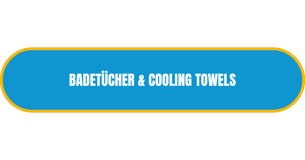 Azurblauer Linkdbutton mit gelbem Rand und dem weissen Schriftzug Badetücher & Cooling Towels.
