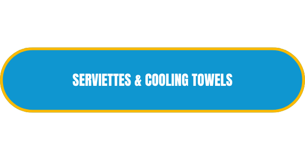 Bouton de lien bleu azur avec une bordure jaune et l'inscription blanche Serviettes & Cooling Towels.