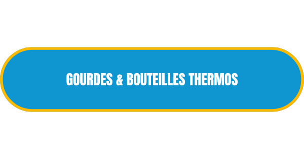 Bouton de lien bleu azur avec une bordure jaune et l'inscription blanche Gourdes & Bouteilles isothermes.