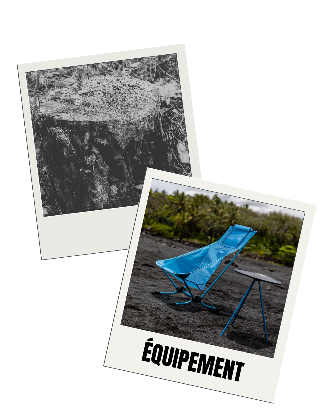 Deux photos Polaroid juxtaposées et superposées. Sur celle de derrière, en noir et blanc, une souche d'arbre couverte de mousse. Sur la photo au premier plan, une chaise et une table de camping sur une plage au pied d'une falaise.