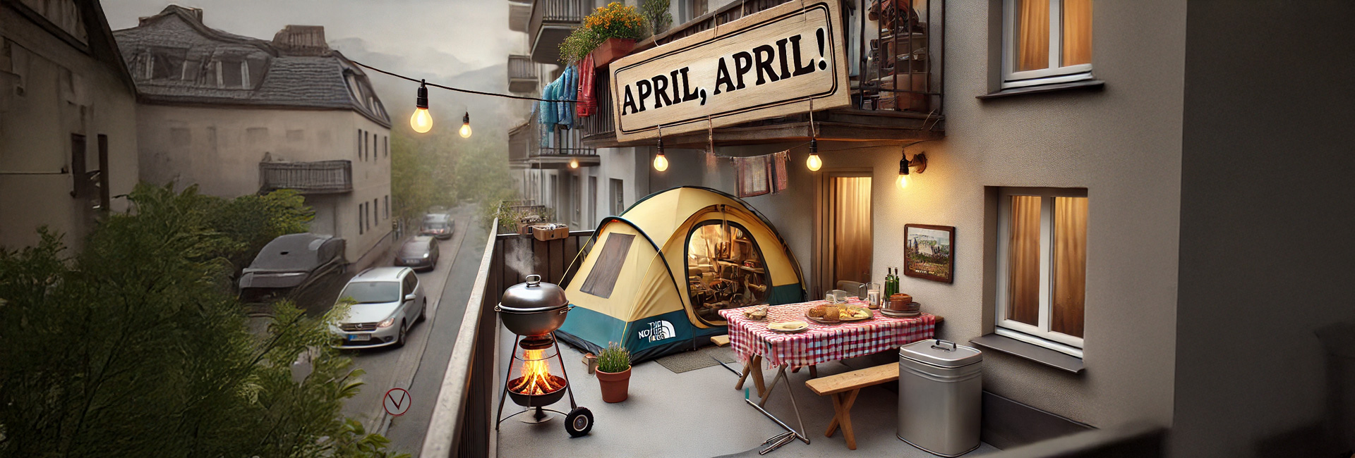 Blick auf einen Balkon, auf welchem ein kleines Zelt aufgebaut ist und ein Grill mit offenem Feuer brennt. Über dem Balkon prankt ein Schild mit der Aufschrift April, April!