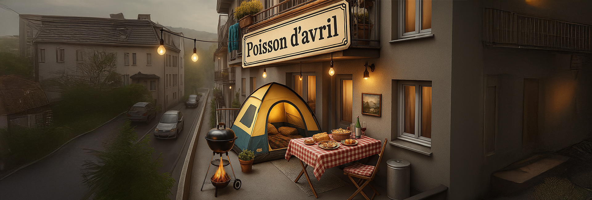 Vue sur un balcon sur lequel une petite tente est installée et un grill à feu ouvert crépite. Au-dessus du balcon, une enseigne affiche l’inscription «Poisson d’avril!».