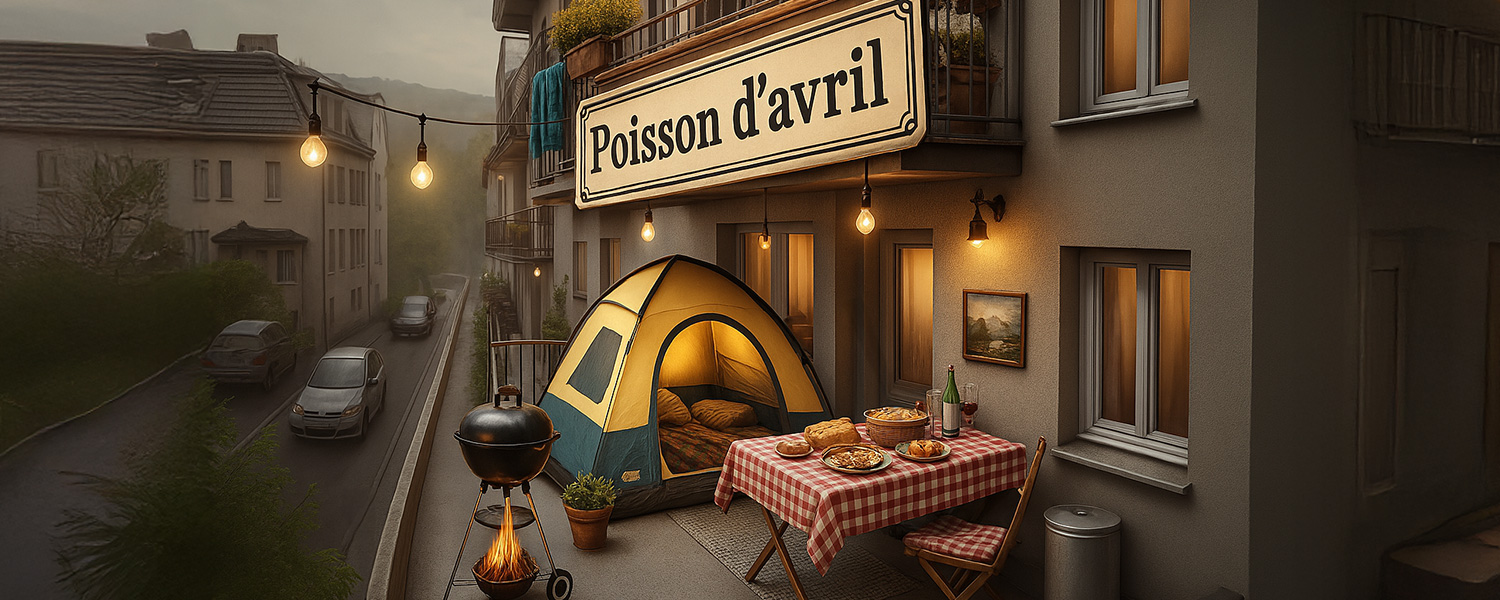 Vue sur un balcon sur lequel une petite tente est installée et un grill à feu ouvert crépite. Au-dessus du balcon, une enseigne affiche l’inscription «Poisson d’avril!».