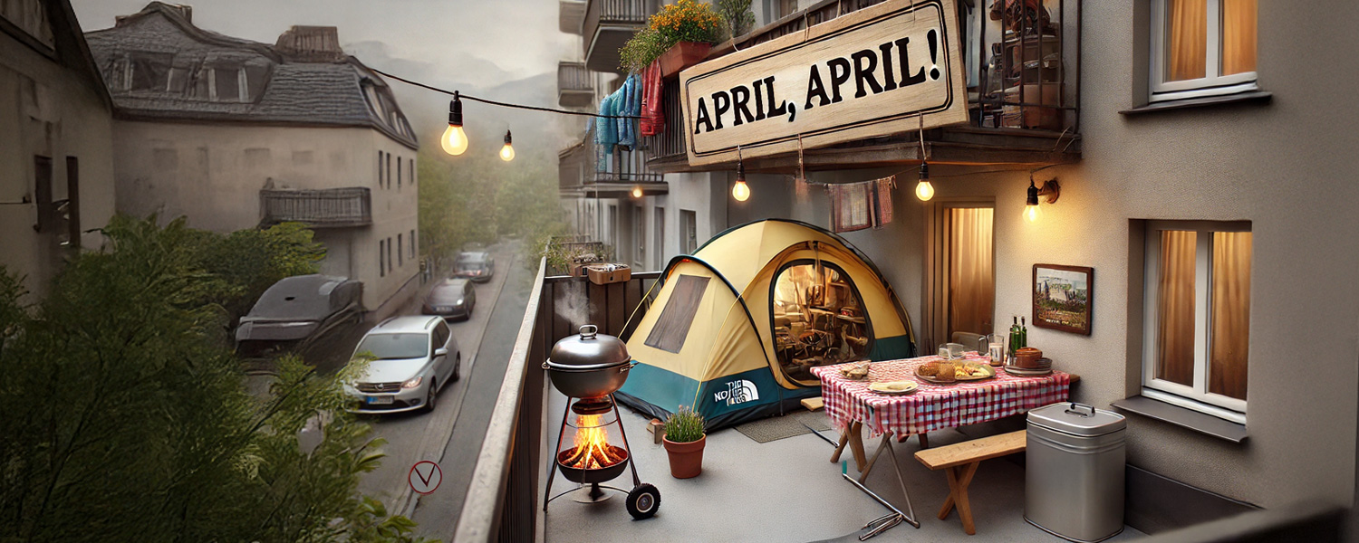Blick auf einen Balkon, auf welchem ein kleines Zelt aufgebaut ist und ein Grill mit offenem Feuer brennt. Über dem Balkon prankt ein Schild mit der Aufschrift April, April!