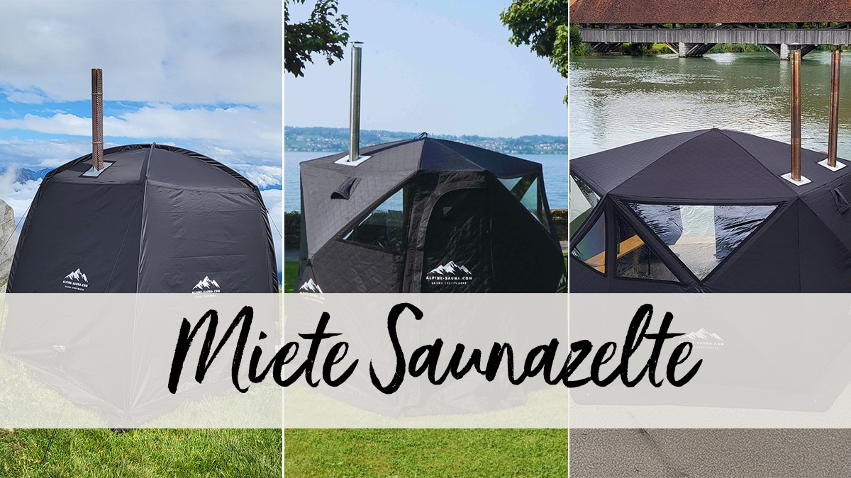 Ein dreigeteiltes Bild mit verschiedenen Typen von Saunazelten.