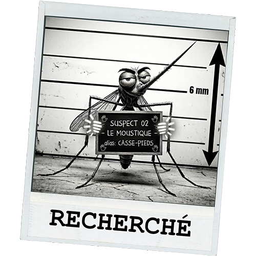 Affiche de recherche sous forme de mugshot de bande dessinée d’un moustique.