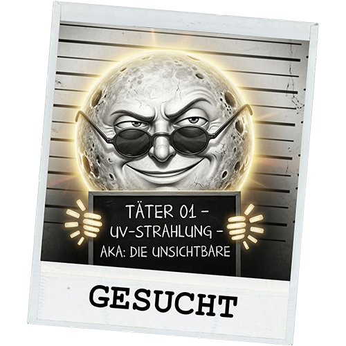 Fahndungsplakat in Form eines Comic-Mugshot einer Sonne mit Sonnenbrille.