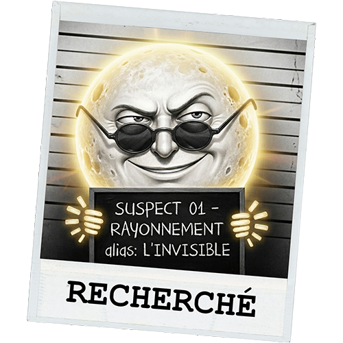 Affiche de recherche sous forme de mugshot de bande dessinée d’un soleil avec des lunettes de soleil.