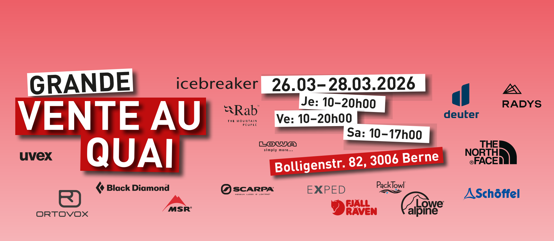 Bannière publicitaire rouge vif avec de nombreux logos de sponsors pour la vente au déballage chez hajk.