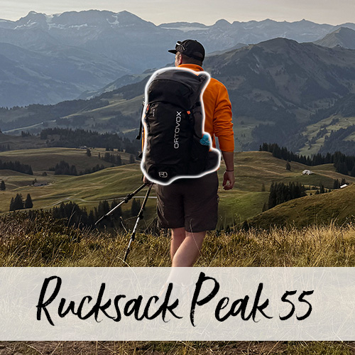 Junger Mann mit Wanderstöcken und Rucksack läuft mit dem Rücken zur Kamera über eine Wiese vor einem herbstlichen Hügelpanorama.