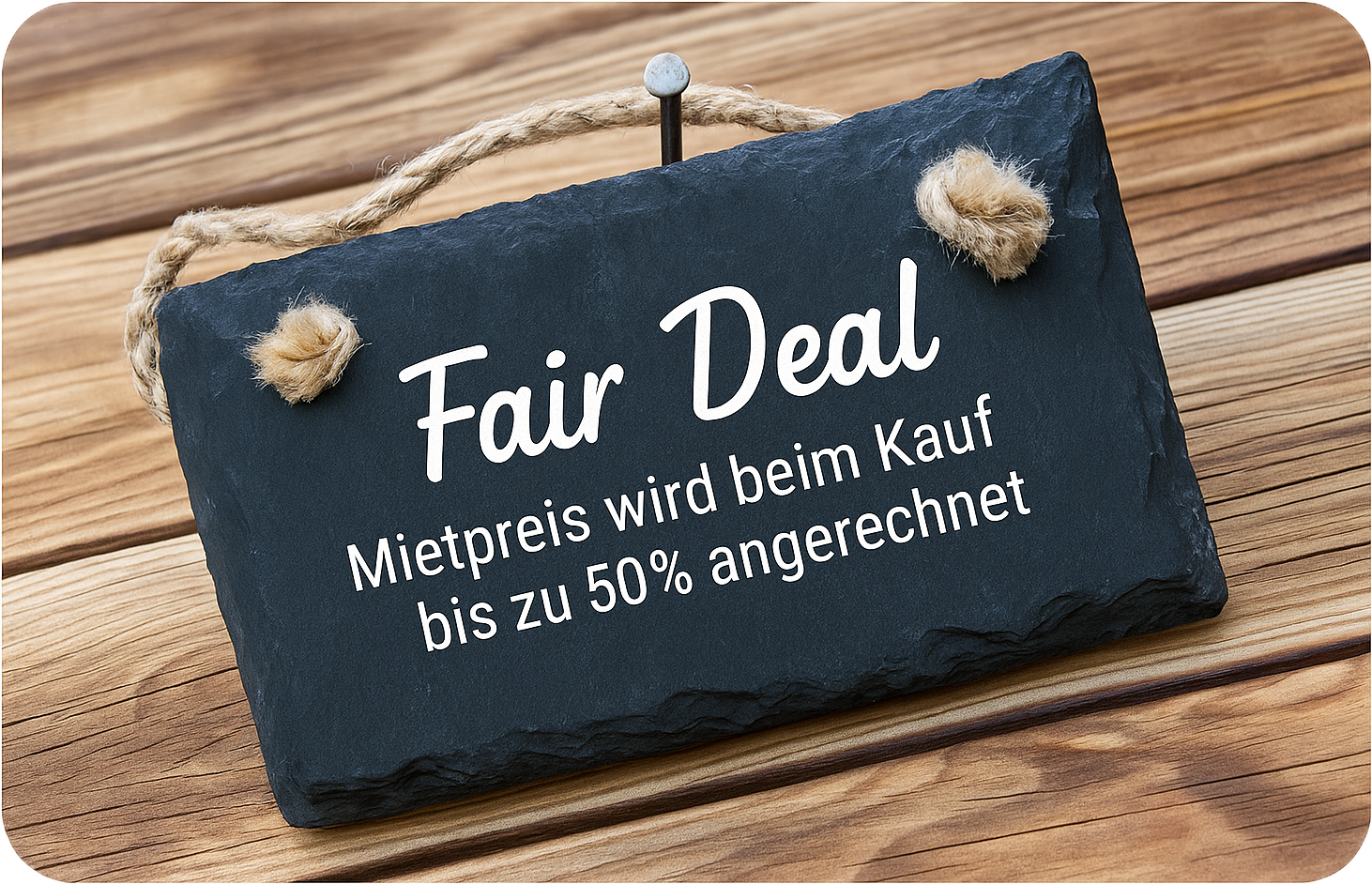 Eine Schiefertafel auf einem Holzboden, auf der mit Kreide Folgendes geschrieben steht: Praktisch und fair, bei hajk wird der Mietpreis bei einem Neuzelt-Kauf zu mindestens 50% angerechnet, ist dann jedoch nicht mit weiteren Rabatten kumulierbar.