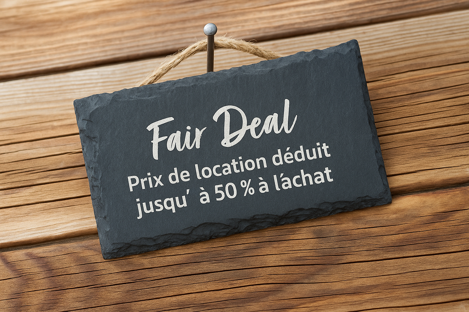 Une ardoise posée sur un sol en bois, sur laquelle est écrit à la craie le texte suivant: Pratique et équitable: chez hajk, le prix de la location est imputé à au moins 50 % lors de l’achat d’une nouvelle tente.