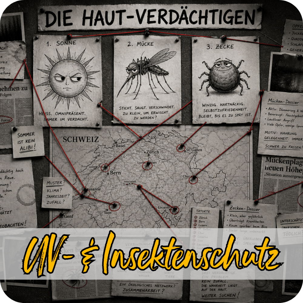 Ein im Comicstil gestaltete Fahndungswand, gespickt mit Notizen, Skizzen und Verbindungslinien. Im Zentrum sind drei kleine humorvoll gestaltete Porträts der Täter Sonne, Müche und Zecke.
