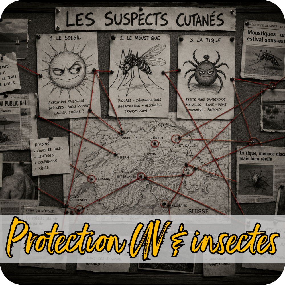 Un mur de recherche conçu dans un style de bande dessinée, truffé de notes, de croquis et de lignes de connexion. Au centre se trouvent trois petits portraits humoristiques des coupables : le Soleil, le Moustique et la Tique.