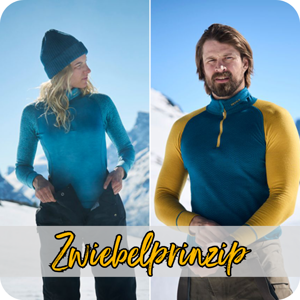 Zweigeteiltes Bild: links eine Frau mit Mütze in Funktionsunterwäsche in einer verschneiten Berglandschaft. Rechts ein Mann in Funktionswäsche in einer verschneiten Berglandschaft.